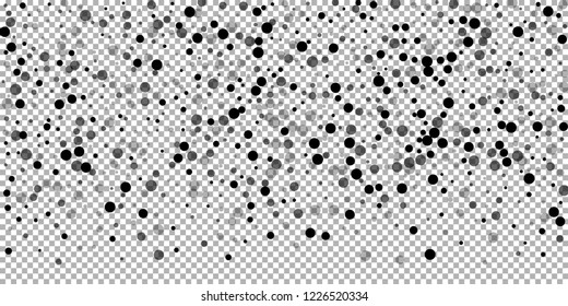 Scattered random black dots. Dark points dispersion on transparent background. Breathtaking grey spots dispersing overlay template. Energetic vector illustration.