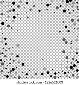 Scattered random black dots. Dark points dispersion on transparent background. Bizarre grey spots dispersing overlay template. Valuable vector illustration.