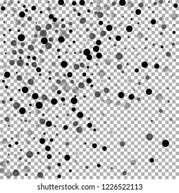 Scattered random black dots. Dark points dispersion on transparent background. Bizarre grey spots dispersing overlay template. Remarkable vector illustration.
