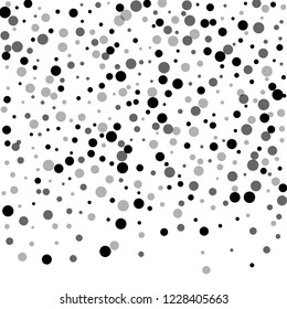 Scattered random black dots. Dark points dispersion on white background. Bizarre grey spots dispersing overlay template. Optimal vector illustration.