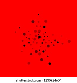 Scattered random black dots. Dark points dispersion on red background. Bizarre grey spots dispersing overlay template. Classy vector illustration.