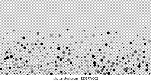 Scattered random black dots. Dark points dispersion on transparent background. Breathtaking grey spots dispersing overlay template. Extraordinary vector illustration.