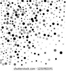 Scattered random black dots. Dark points dispersion on white background. Bizarre grey spots dispersing overlay template. Resplendent vector illustration.