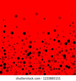 Scattered random black dots. Dark points dispersion on red background. Bizarre grey spots dispersing overlay template. Fabulous vector illustration.