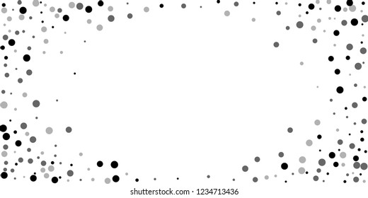 Scattered random black dots. Dark points dispersion on white background. Breathtaking grey spots dispersing overlay template. Ravishing vector illustration.