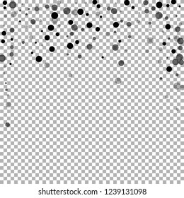 Scattered random black dots. Dark points dispersion on transparent background. Breathtaking grey spots dispersing overlay template. Symmetrical vector illustration.