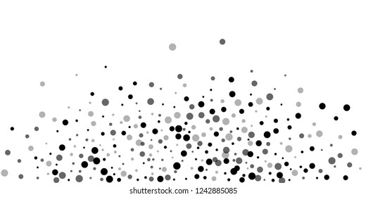 Scattered random black dots. Dark points dispersion on white background. Bold grey spots dispersing overlay template. Glamorous vector illustration.