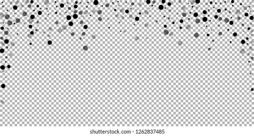 Scattered random black dots. Dark points dispersion on transparent background. Bold grey spots dispersing overlay template. Magnetic vector illustration.