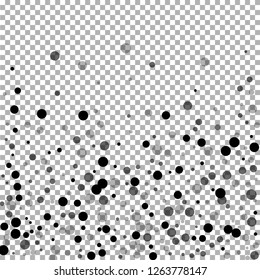 Scattered random black dots. Dark points dispersion on transparent background. Bizarre grey spots dispersing overlay template. Fair vector illustration.