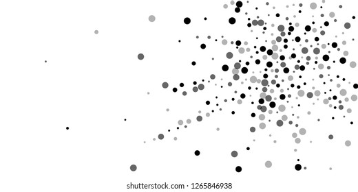 Scattered random black dots. Dark points dispersion on white background. Bold grey spots dispersing overlay template. Enchanting vector illustration.