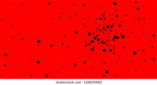 Scattered random black dots. Dark points dispersion on red background. Bold grey spots dispersing overlay template. Fancy vector illustration.