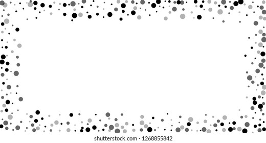 Scattered random black dots. Dark points dispersion on white background. Breathtaking grey spots dispersing overlay template. Attractive vector illustration.