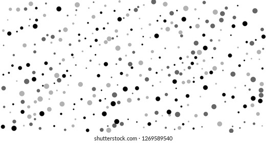 Scattered random black dots. Dark points dispersion on white background. Bold grey spots dispersing overlay template. Unequaled vector illustration.