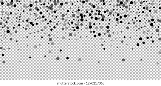 Scattered random black dots. Dark points dispersion on transparent background. Bold grey spots dispersing overlay template. Indelible vector illustration.
