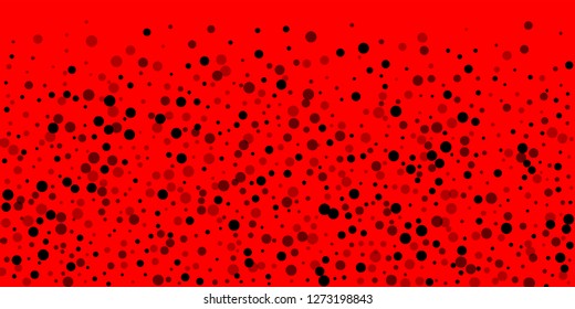 Scattered random black dots. Dark points dispersion on red background. Breathtaking grey spots dispersing overlay template. Fascinating vector illustration.