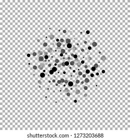 Scattered random black dots. Dark points dispersion on transparent background. Breathtaking grey spots dispersing overlay template. Cute vector illustration.