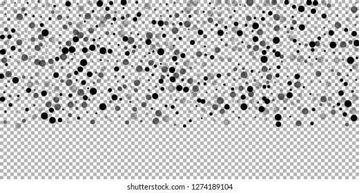 Scattered random black dots. Dark points dispersion on transparent background. Breathtaking grey spots dispersing overlay template. Classic vector illustration.