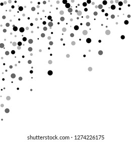 Scattered random black dots. Dark points dispersion on white background. Bizarre grey spots dispersing overlay template. Grand vector illustration.