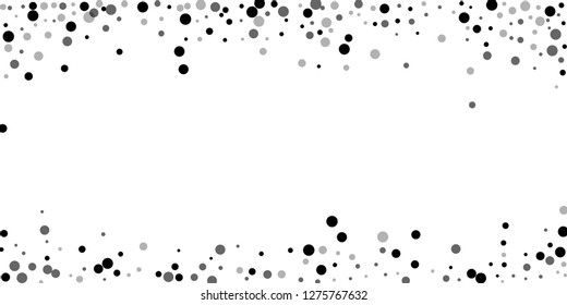 Scattered random black dots. Dark points dispersion on white background. Bold grey spots dispersing overlay template. Sightly vector illustration.
