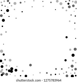 Scattered random black dots. Dark points dispersion on white background. Bold grey spots dispersing overlay template. Artistic vector illustration.