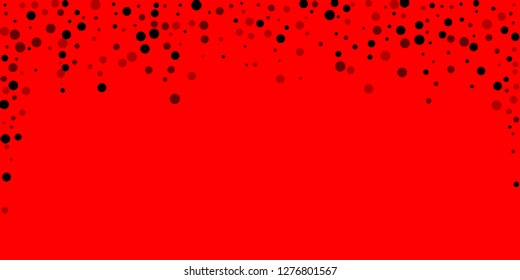 Scattered random black dots. Dark points dispersion on red background. Bold grey spots dispersing overlay template. Lovely vector illustration.