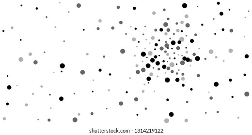 Scattered random black dots. Dark points dispersion on white background. Bold grey spots dispersing overlay template. Fascinating vector illustration.