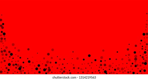 Scattered random black dots. Dark points dispersion on red background. Bold grey spots dispersing overlay template. Pleasing vector illustration.