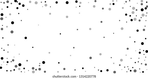 Scattered random black dots. Dark points dispersion on white background. Breathtaking grey spots dispersing overlay template. Marvelous vector illustration.