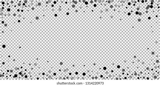 Scattered random black dots. Dark points dispersion on transparent background. Breathtaking grey spots dispersing overlay template. Overwhelming vector illustration.