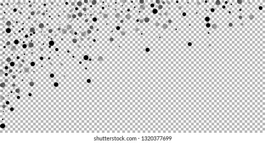 Scattered random black dots. Dark points dispersion on transparent background. Bold grey spots dispersing overlay template. Superb vector illustration.