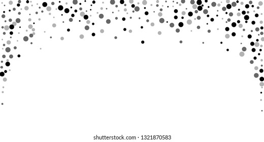 Scattered random black dots. Dark points dispersion on white background. Bold grey spots dispersing overlay template. Outstanding vector illustration.