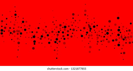 Scattered random black dots. Dark points dispersion on red background. Bold grey spots dispersing overlay template. Mesmeric vector illustration.