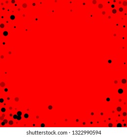 Scattered random black dots. Dark points dispersion on red background. Bold grey spots dispersing overlay template. Amusing vector illustration.