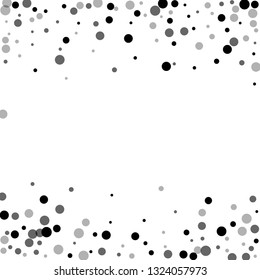 Scattered random black dots. Dark points dispersion on white background. Bizarre grey spots dispersing overlay template. Flawless vector illustration.