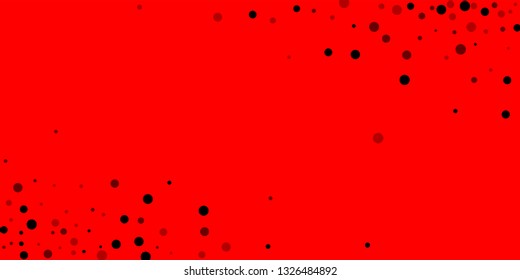 Scattered random black dots. Dark points dispersion on red background. Bold grey spots dispersing overlay template. Cool vector illustration.