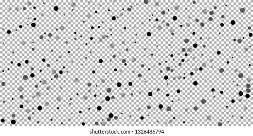 Scattered random black dots. Dark points dispersion on transparent background. Bold grey spots dispersing overlay template. Uncommon vector illustration.