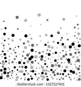Scattered random black dots. Dark points dispersion on white background. Bizarre grey spots dispersing overlay template. Fancy vector illustration.