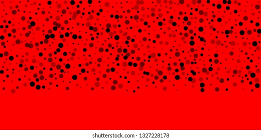 Scattered random black dots. Dark points dispersion on red background. Breathtaking grey spots dispersing overlay template. Charming vector illustration.