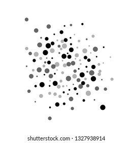 Scattered random black dots. Dark points dispersion on white background. Breathtaking grey spots dispersing overlay template. Powerful vector illustration.