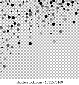 Scattered random black dots. Dark points dispersion on transparent background. Bizarre grey spots dispersing overlay template. Graceful vector illustration.
