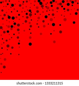Scattered random black dots. Dark points dispersion on red background. Bizarre grey spots dispersing overlay template. Gorgeous vector illustration.
