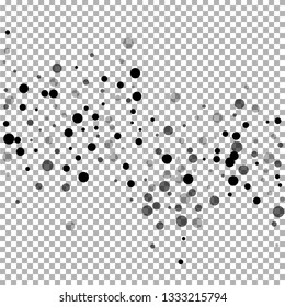 Scattered random black dots. Dark points dispersion on transparent background. Breathtaking grey spots dispersing overlay template. Unique vector illustration.