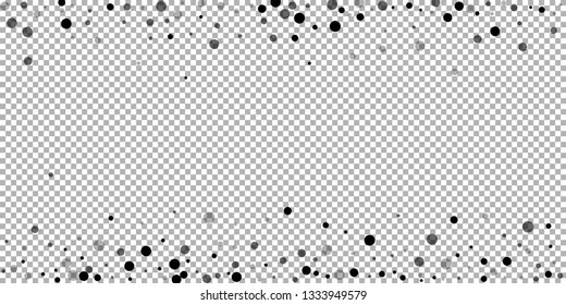 Scattered random black dots. Dark points dispersion on transparent background. Bold grey spots dispersing overlay template. Beauteous vector illustration.