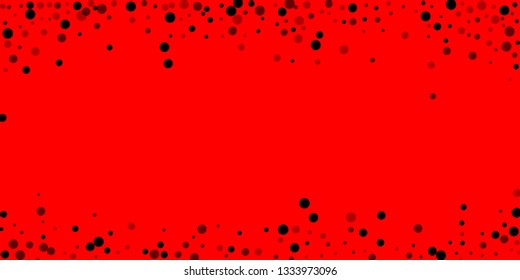 Scattered random black dots. Dark points dispersion on red background. Bold grey spots dispersing overlay template. Resplendent vector illustration.