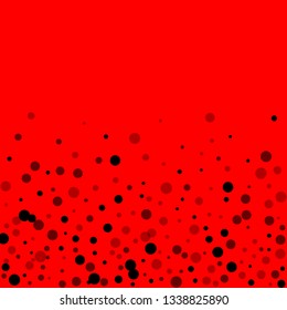 Scattered random black dots. Dark points dispersion on red background. Bizarre grey spots dispersing overlay template. Perfect vector illustration.