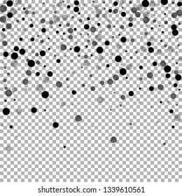 Scattered random black dots. Dark points dispersion on transparent background. Breathtaking grey spots dispersing overlay template. Splendid vector illustration.