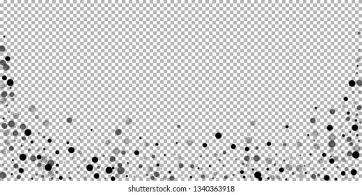 Scattered random black dots. Dark points dispersion on transparent background. Bold grey spots dispersing overlay template. Popular vector illustration.