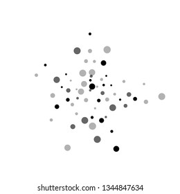 Puntos negros dispersos al azar. Puntos oscuros de dispersión en fondo blanco. Zonas grises bifurcadas que dispersan la plantilla superpuesta. Ilustración vectorial fría.