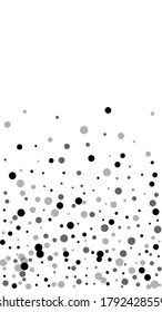 Scattered random black dots. Dark points dispersion on white background. Authentic grey spots dispersing overlay template. Unique vector illustration.