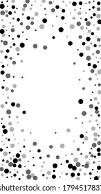 Scattered random black dots. Dark points dispersion on white background. Authentic grey spots dispersing overlay template. Imaginative vector illustration.